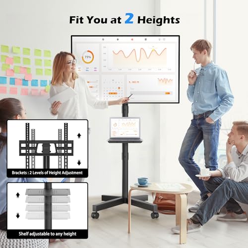 BONTEC Mobile TV Stand, Tilt Rolling TV Cart with Media Shelf and Locking Wheels, Fits 23-60” LED, LCD, OLED Flat Curved TVs, Holds Up to 55lbs, Max VESA 400x400mm