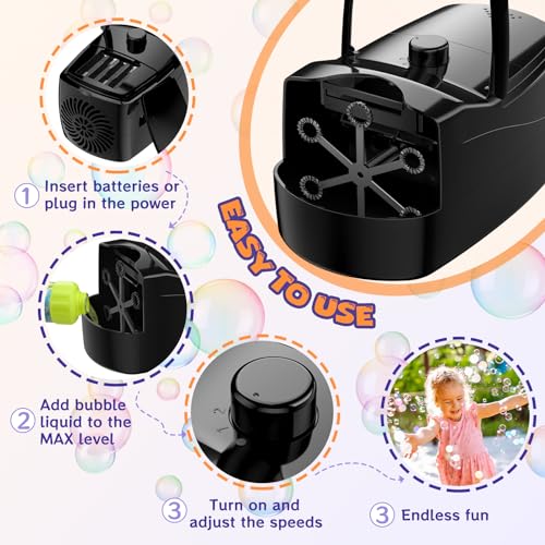 Bubble Machine,18000+ Big Bubbles/Min Automatic Bubble Blower for Kids with 2 Speeds,6 Wands,Operated by Plugin or Batteries Bubble Maker for Outdoor/Indoor Birthday Parties,Wedding (Black)