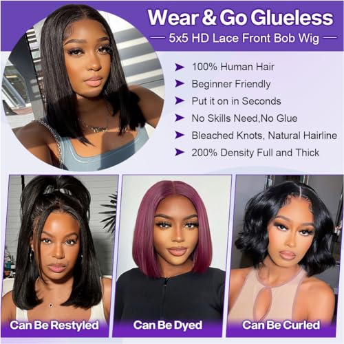 Ailwelia 5x5 Hd Lace Closure Wigs Human Hair Glueless Wigs Human Hair Pre Plucked Bob Wigs For Black Women Human Hair Glueless Wigs 200 Density 5x5 Closure Wigs Human Hair Wear And Go Glueless 12 Inch