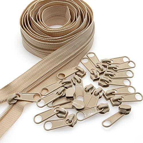Leekayer #3 Beige Nylon Coil Sewing Zippers by The Yards Bulk 10 Yards with 25pcs Sliders for DIY Tailor Sewing Craft Bags,Luggage,Dress,Sofa Cushion,Pillow(Beige)