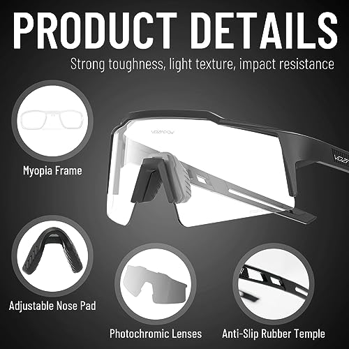 VOZAPOW Photochromic Sports Sunglasses, Cycling Sunglasses for Men Women Youth, Driving, Running, Baseball