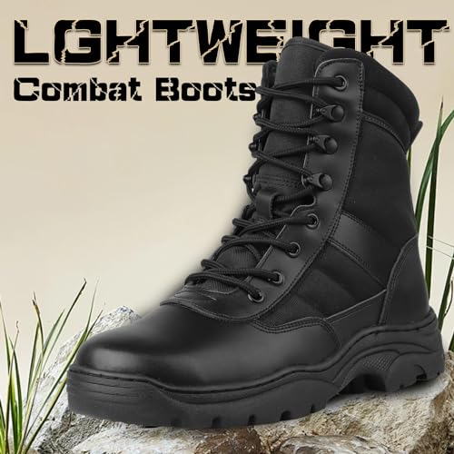 QUNLON Men's Tactical Boots Military Boots for Men Side Zipper Combat Motorcycle Boots Lightweight Army Work Boots 8'' Duty Boots Black Leather Police Boots-6.5US