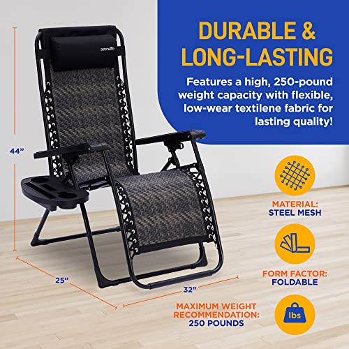 Foldable Outdoor Zero Gravity Lawn Chair, Adjustable Rattan Recliners, w/Removable Padded Headrest Pillows and Cup Holder Side Tables, Set of 2