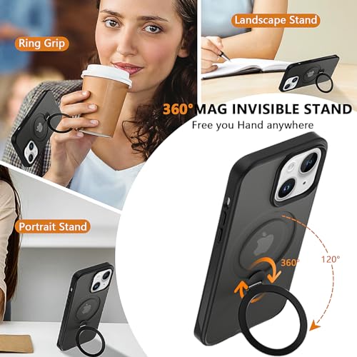 S. Tedazo Magnetic Stand Case for iPhone 15 (6.1 inch) with 360° Rotatable Invisible Ring, Compatible with Magsafe, Shockproof, Non-Yellowing, Slim Translucent Case for iPhone 15-Black