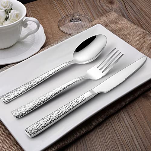 Paincco Hammered Silverware Set, 40-Piece Stainless Steel Square Flatware Set for 8, Tableware Cutlery Set, Utensil Set for Home Restaurant, Includes Fork Knife Spoon, Modern Design, Dishwasher Safe