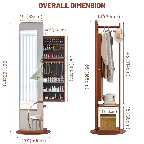 LVSOMT 360° Swivel Jewelry Armoire, Rotatable Full Length Mirror with Jewelry Storage, Standing Jewelry Cabinet with Coat Rack, White, Soild Wood