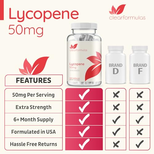Clear Formulas Lycopene 50mg 200 Vegetarian Capsules (Non-GMO & Gluten Free)