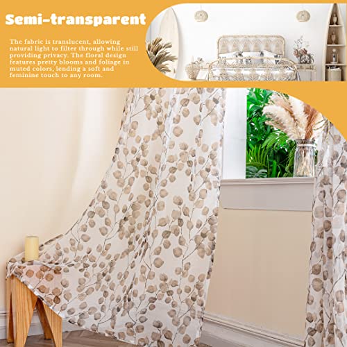 Yancorp Leaf Curtains 79 Inch Length for Living Room 2 Panels Tulle Vine Window Leaf Prints Sheer Curtains Set Transparency Sheer Drapes(Khakileaves,W39 X L79)