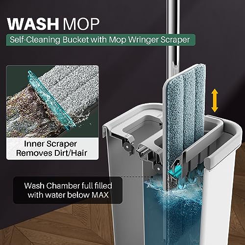 JOYMOOP Mop and Bucket with Wringer Set, Hands Free Flat Floor Mop and Bucket, 60" Mop with 3 Reusable Microfiber Pads, Wet and Dry Use, Floor Cleaning System