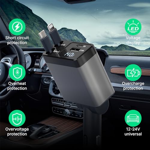 Retractable Car Charger, 4 in 1 Fast Car Phone Adapter 66W, Retractable Cables and USB Car Charger,Compatible with iPhone 15/14/13/12/11/10,iPad,Galaxy and Multiple Devices,Pixel (Grey)