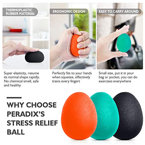 Peradix Hand Grip Strength Trainer, Stress Relief Ball for Adults and Kids, Wrist Rehab Therapy Hand Grip Equipment Ball Squishy Tools - Set of 3 Finger Resistance Exercise Squeezer