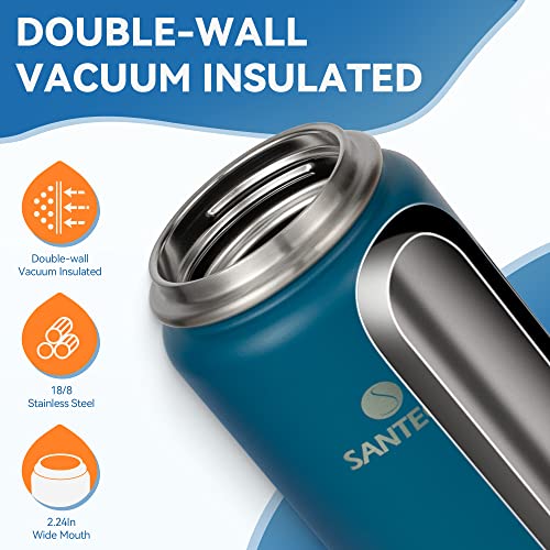 Insulated Water Bottles 24 oz, Santeco Stainless Steel Bottle with Lanyard & Wide Mouth Spout Lid, Leak Proof, Double Wall Vacuum Water Bottle, Keep Drinks Hot & Cold for Hiking Camping