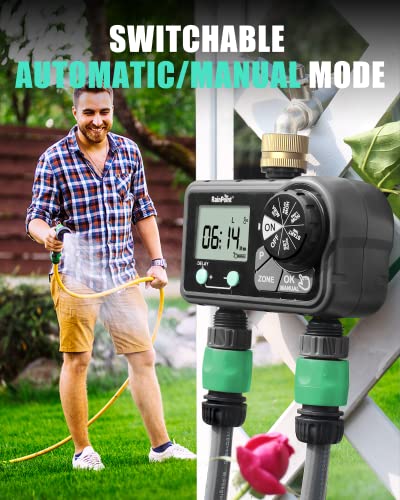 RAINPOINT Brass Sprinkler Timer 2 Stations, Large Digital Water Timer for Garden Hose with 6 Programmable Procedure, Hose Timer with Delay/Manual/Auto Irrigation Mode for Week/Specific/Daily Watering