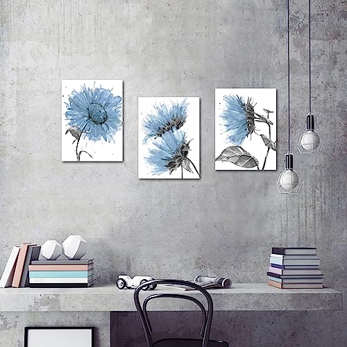 LevvArts Watercolor Abstract Flower Canvas Wall Art Wild Sunflower Painting Picture Prints White and Blue Bathroom Decorations (Blue, Small)