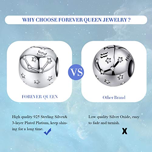 FOREVER QUEEN Aquarius Zodiac Star Sign 925 Sterling Silver Bead Charm Fits Bracelets 12 Constellations Charm, Womens Jewellery Gift with Box