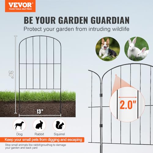 VEVOR Decorative Garden Fence 10 Pack, No Dig Fence 24in(H) x11ft(L) Animal Barrier Fence, Underground Garden Fencing with 2 inch Spike Spacing, Metal Dog Fence for The Yard and Outdoor Patio