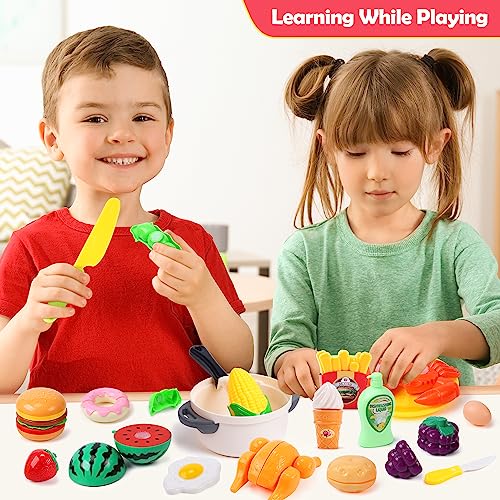 HOLYFUN Play Food Toy Set for Kids Kitchen, Shopping Basket with Cutting Fruit & Vegetables Accessories, Pot and Pan, Plastic Dishes, Toddler Play Kitchen Accessories Educational Toys for Boys Girls