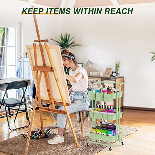 LEHOM 3-Tier Rolling Mobile Utility Cart with Hanging Cups & Hooks & Handle Multifunctional Organizer Storage Trolley Service Cart with Wheels Easy Assembly for Office, Bathroom, Kitchen (Green)