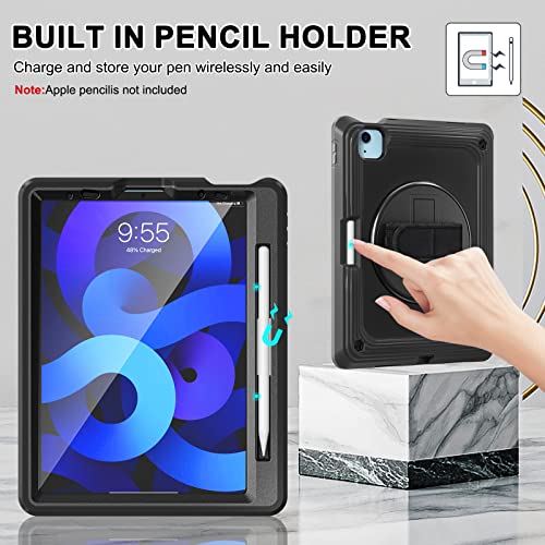 TSQQST for iPad Air 5th/4th Generation Case 10.9 Inch, iPad Pro 11 Inch Case (4th/3rd/2nd/1st Gen) 2022 2021 2020 2018, Heavy Duty Rugged Protective Case w/Screen Protector+Stand+Hand Strap, Black