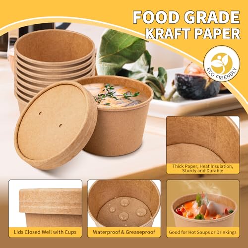 PakTalk Paper Soup Containers with Lids, 50 Pack Brown Soup Bowls Biodegradable Ice Cream Cups with LidS for Hot Soup or Ice Cream (50 sets, 8 oz)