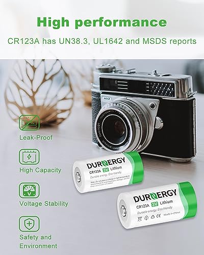 DURNERGY CR123A 3V Lithium Battery 2 Pack, 10 Years Shelf Life, 123 Batteries Lithium, 123A Lithium Batteries 3 Volt CR17335, CR17345, DL123A, CR123 for High Intensity Flashlight