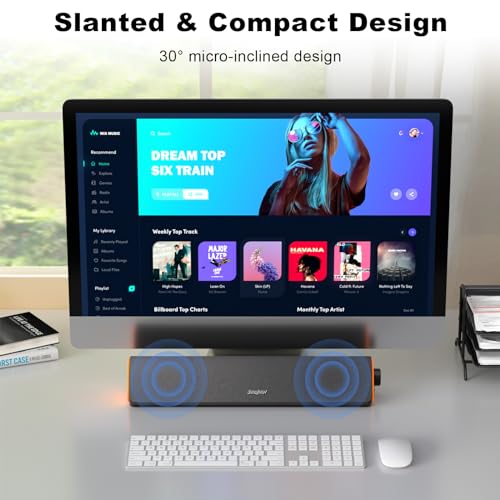 SOULION R50 Bluetooth Computer Speakers, 3.5mm PC Sound Bar for Desktop Monitor, Wired USB Powered & Colorful LED Lights with Switch Button, Surround Sound Soundbar PC Spearkers for Computer