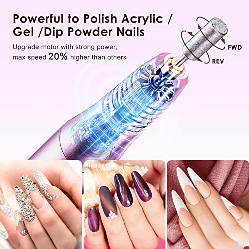 COSLUS Cordless Nail Drill Electric File: Professional for Acrylic Gel Dip Powder Nails Portable Nail Drill Machine Kit for Manicure Pedicure Nail Set with Everything Rechargeable Lightweight Purple