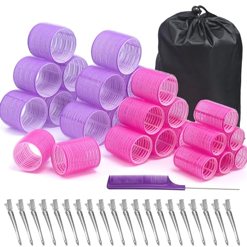 48 Pcs Self Grip Hair Rollers Set with 26 Rollers Hair Curlers & 20 Metal Clips, 3 Sizes Rollers for Blowout Look Long Medium Short Hair Volume, Jumbo Large Medium Hair Rollers DIY Hairstyles