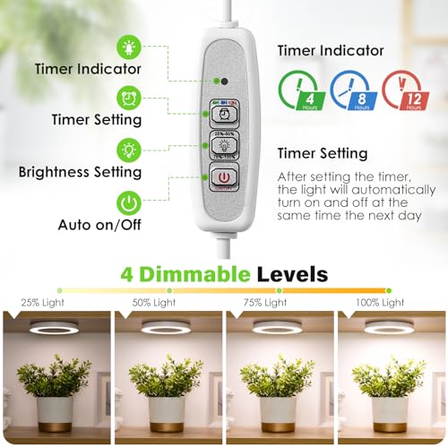 LORDEM 6.3" Bamboo Ceiling Grow Lamp for Indoor Plants, 216 LEDs Full Spectrum Halo Plant Light, Under Cabinet Grow Lights with 4/8/12H Auto Timer Switch Modes, 4 Dimmable Brightness Levels, Tri Head