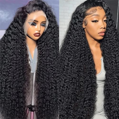 HIGUM 13x4 Deep Wave Lace Front Wigs Human Hair HD Transparent Deep Curly Lace Front Wigs Human Hair 180% Density Frontal Glueless Wigs for Women Human Hair Pre Plucked with Baby Hair (24 Inch)