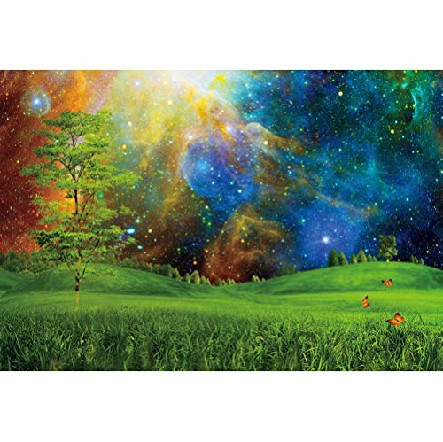 Enchanted Forest Backdrop 5x3ft Dreamy Nebula Galaxy Starry Sky Spring Green Grassland Meadow Butterfly Nature Scenery Photo Background Party Decor Kids Girls Boys Adults Portrait Studio Props