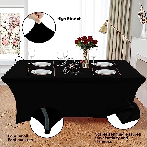Heochy 1 Pc 6FT Table Cloth for Rectangle Table - Black Tablecloth Rectangular Fitted Stretch Spandex Table Covers 6 ft for Birthday, Cocktail, Wedding, Banquet Fall Outdoor Party
