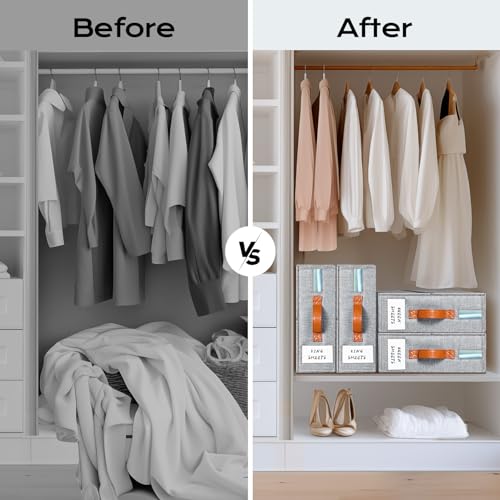 Yecaye Bed Sheet Organizers and Storage, 4 Pack Sheet Organizer for Linen Closet, Bedding Sheets Set Organizer (Queen & King Size) with Window for Bedsheets,Duvet Covers and Pillow, Beige