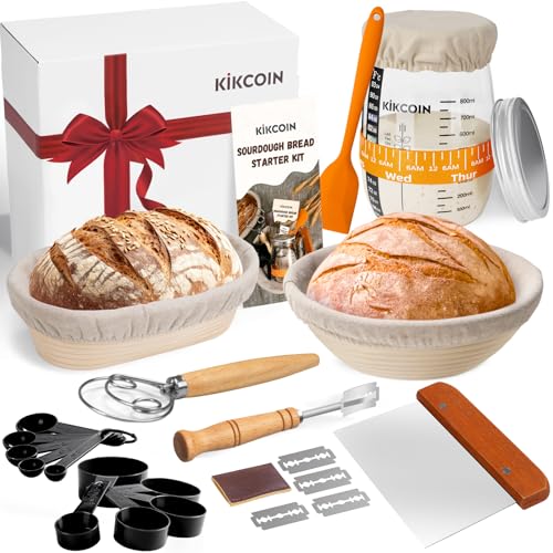 Sourdough Bread Baking Supplies, Complete Sourdough Starter Kit Banneton Bread Proofing Basket Set Includes 35oz Sourdough Starter Jar, Kikcoin