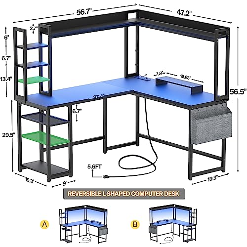 Aheaplus L Shaped Gaming Desk, Reversible L Shaped Desk with Power Outlet and Led Lights, Gaming Desk Corner Computer Desk with Hutch, Monitor Stand and Storage Bag for Home Office, Black