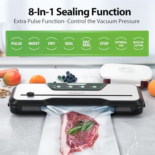 Automatic Food Vacuum Sealer Machine | Beelicious Pro 80KPa 8-In-1 Food Vacuum Saver with Starter Kits | 15 Bags, Pulse Function, Moist&Dry Mode and External VAC for Jars and Containers