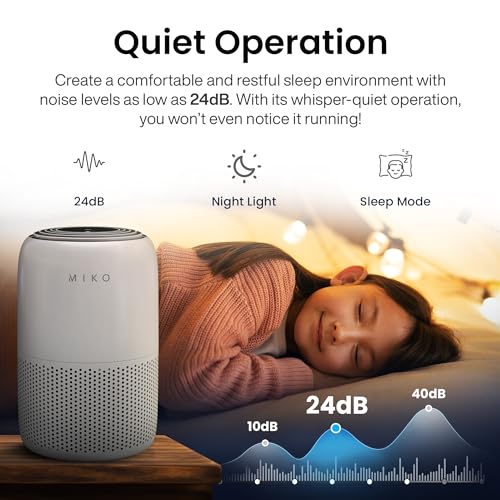 MIKO Air Purifier for Bedroom with 3-in-1 HEPA Filter & Sleep Mode, Whisper Quiet, Covers Up to 1200 ft, Smart Wi-Fi App Control - Removes Smoke, Allergens, Pets Hair, Dust, Odors, Pollutants