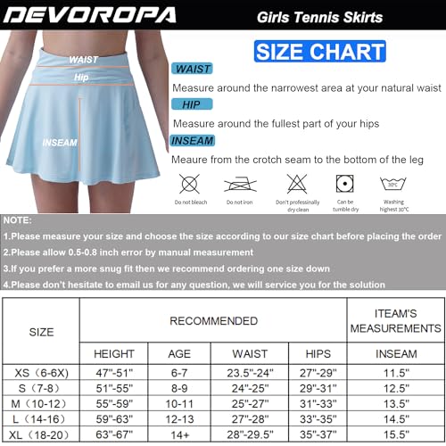 DEVOROPA Girls Tennis Skirts Stretch Adjustable Waist Youth Golf Athletic Pleated Skorts Lining Kids Cheer Shorts Pocket Black XS