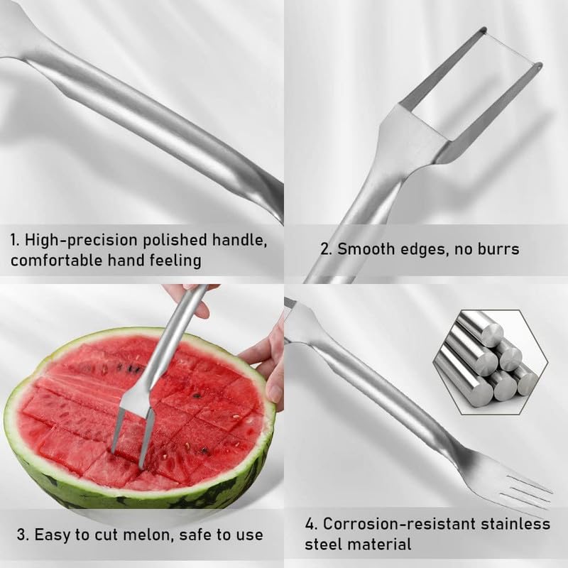 2-in-1 Stainless Steel Fruit Cutter, 2024 New Watermelon Fork Slicer Cutter Slicer Tool, Dual Head Fruit Forks Slicer Knife for Home Kitchen Gadget (1 Pcs)