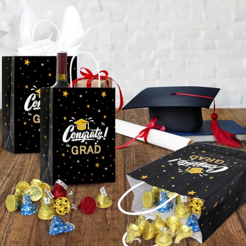 Tuzuaol 12 Pack Graduation Gift Bag with Tissue Paper Bulk Graduate Paper Bags with Handle for High School, College, Kindergarten, Graduation Party Decorations Supplies(Black Gold)