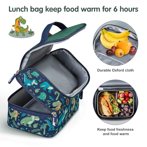 NOHOO Kids Lunch Bag, Insulated lunch bag Cooler Reusable Bilayer Lunch box tote for Women, Girls, Men, Boys, Schools, Offices, Work, Travel, Picnic,Party(Dinosaurs)