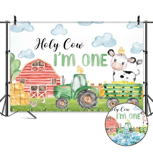 Omifly Holy Cow I'm One Birthday 5Wx3H Backdrop for Photography Kids Milk Cattle Farm Animal Farmhouse Country Cute Green Background Party Decorations Cake Table Banner Decor Photo Booth Studio Props