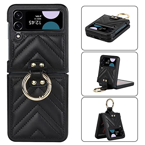 Asuwish Phone Case for Samsung Galaxy Z Flip 3 5G 2021 Cover with Ring Slim Shockproof Shell Rugged PU Leather Protective Cell Accessories ZFlip3 Z3 Flip3 3Z Flip3case Women Girls Purple