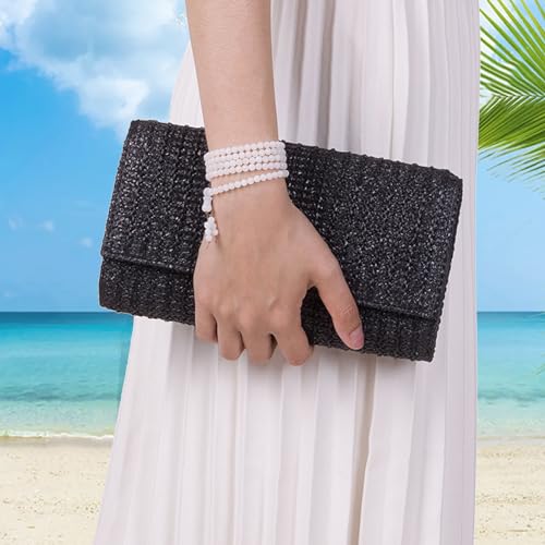 Liadreem Straw Clutch Purse Summer Shoulder Crossbody Bag, Raffia Evening Purse Envelope Clutch Handbag Beach Bag 2024 Trendy for Travel, Parties, Wedding, Black