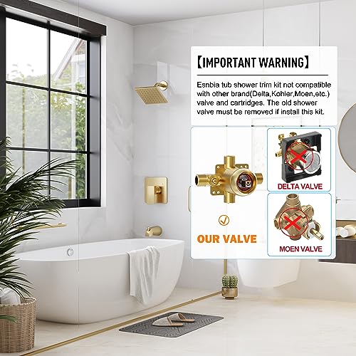 Esnbia Shower Tub Kit, Tub and Shower Faucet Set（Valve Included) with 6-Inch Rain Shower Head and Tub Spout, Single-Handle Tub and Shower Trim Kit,Brushed Gold