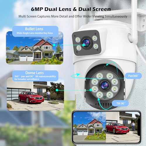 GUOANVISION 6MP Wireless Security Camera Outdoor, Dual Lens Linkage PTZ Security WiFi Camera with 64GB SD Card,Human Detection,Auto Tracking,Light Alarm,Night Vision,Two-Way Audio,Need Plug in Cable