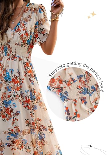 Galocmo Women Floral Maxi Dress, V-Neck Short Sleeve Empire Waist Summer Dress, Boho Flowy Smocked Long Dress Apricot