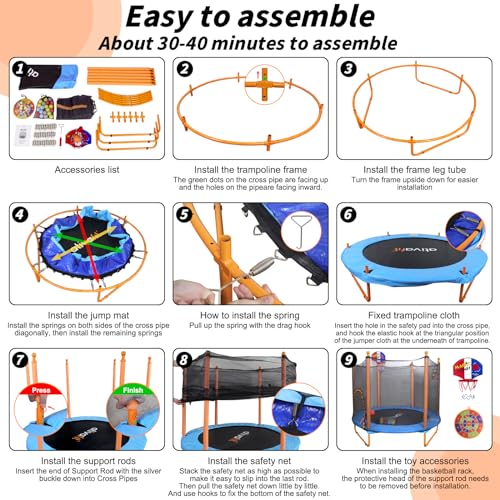 Ativafit 60'' Rebounder Trampoline Indoor Outdoor for Kids Ages 1-8, 5 FT Recreational Toddler Trampoline with Safety Enclosure Net Gifts with Basketball Hoop Dartboard Ocean Ball for Fun