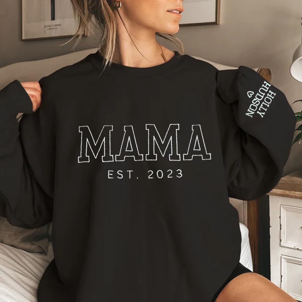 GODMERCH Personalized Embroidered Mama Sweatshirt With Kid Names On Sleeve, Mom Sweatshirt For Women, Gifts For Mom Grandma Mothers Day Christmas, New Mom Gifts