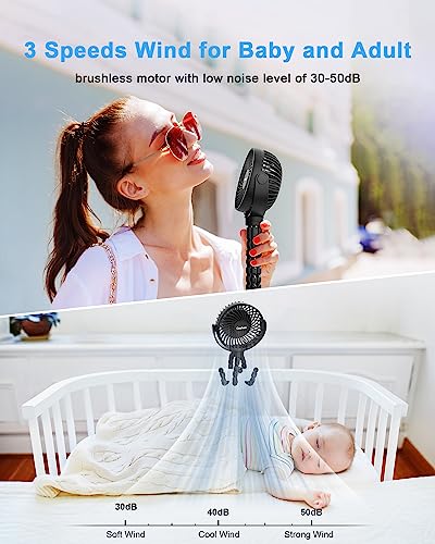 Coohea Stroller Fan Battery Operated Portable Fan USB Rechargeable Small Fan with Flexible Tripod Cooling Fan Clip on for Baby Stroller Car Seat Bike Golf Cart Beach Trip Outdoor, 3 Speeds Wind, Black